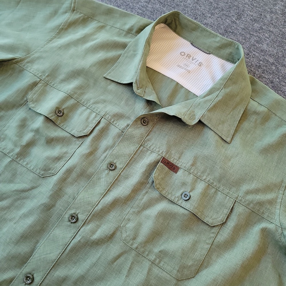 Orvis Tech Shirt Men's 2XL Green Button Up Short Sleeve Outdoors Hiking Fishing